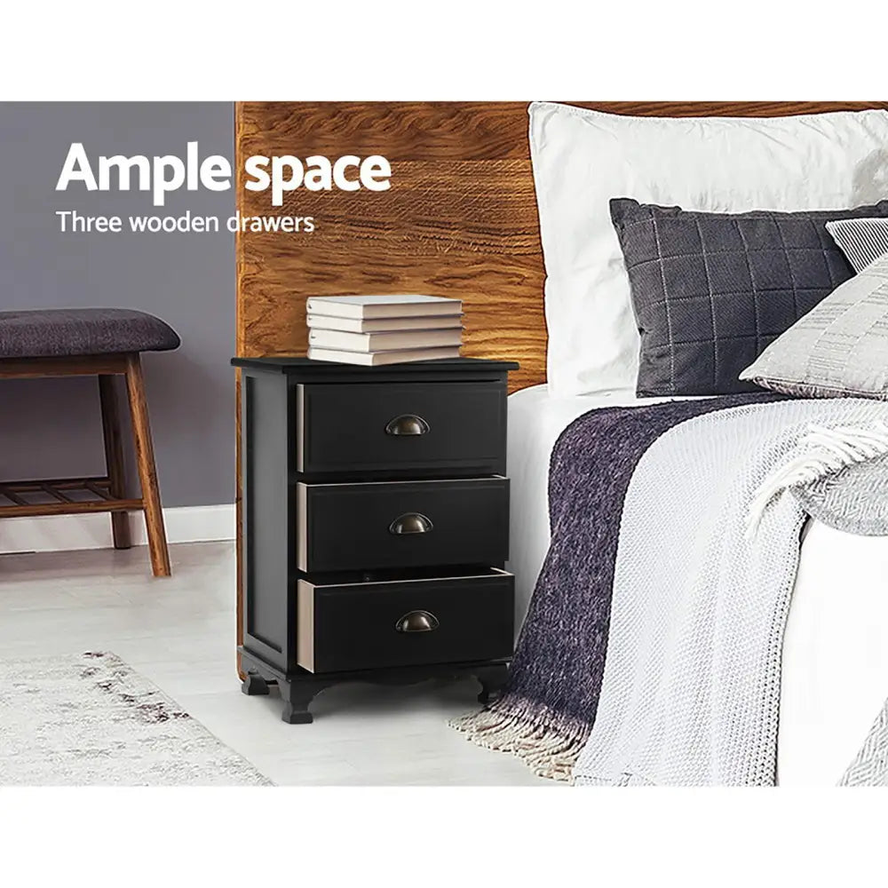 2x Bedside Table 3 Drawers Vintage - Thyme Black