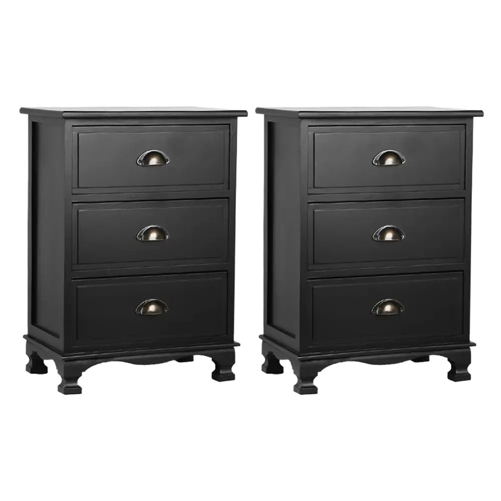 2x Bedside Table 3 Drawers Vintage - Thyme Black