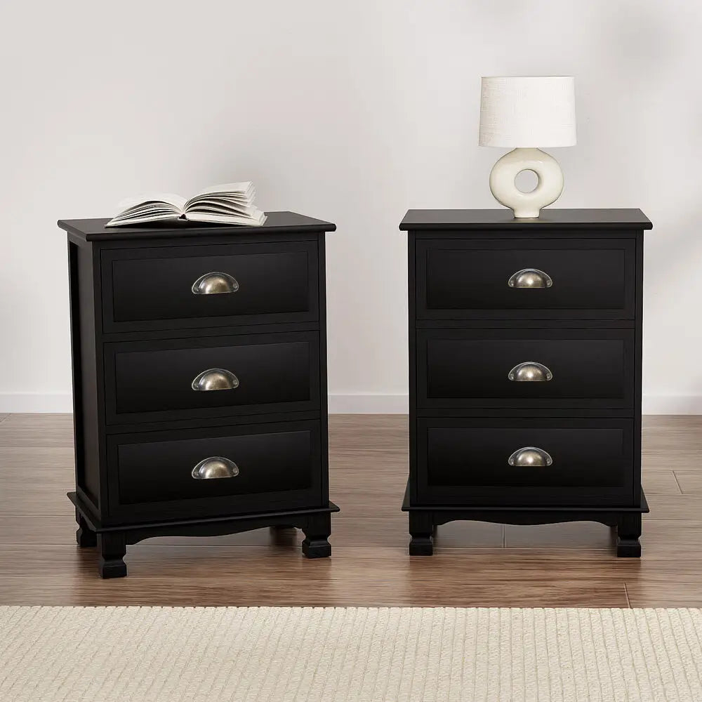 2x Bedside Table 3 Drawers Vintage - Thyme Black
