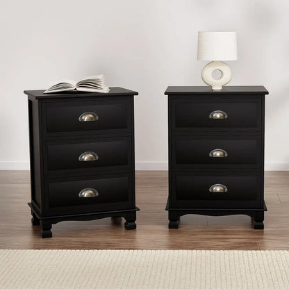 2x Bedside Table 3 Drawers Vintage - Thyme Black