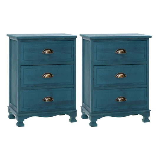 2x Bedside Table 3 Drawers Vintage - Thyme Blue