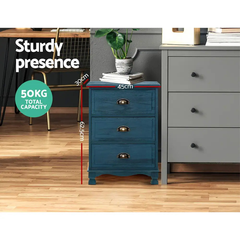 2x Bedside Table 3 Drawers Vintage - Thyme Blue