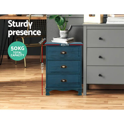 2x Bedside Table 3 Drawers Vintage - Thyme Blue