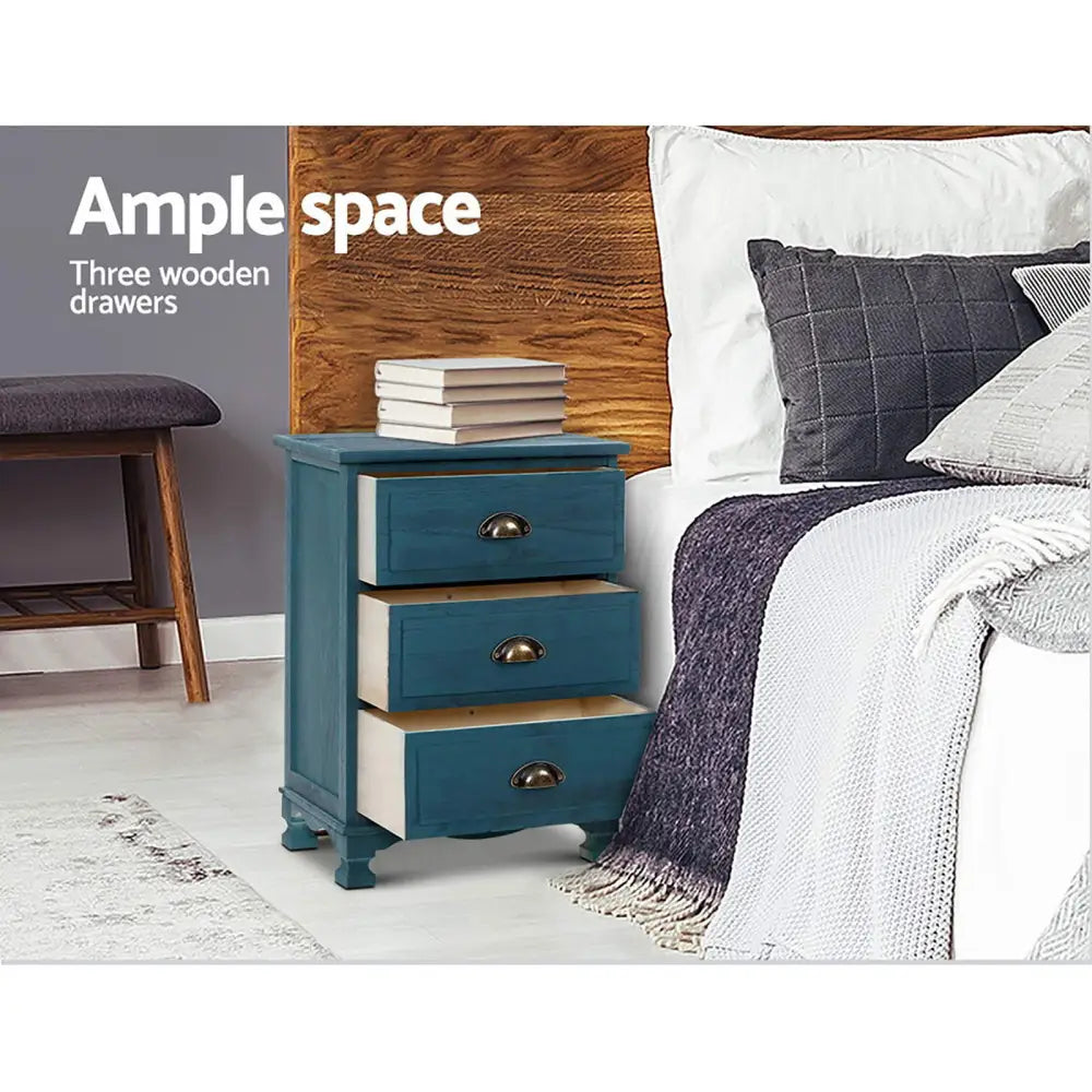 2x Bedside Table 3 Drawers Vintage - Thyme Blue