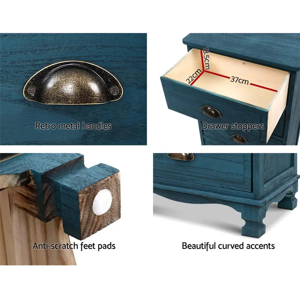 2x Bedside Table 3 Drawers Vintage - Thyme Blue