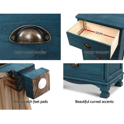 2x Bedside Table 3 Drawers Vintage - Thyme Blue