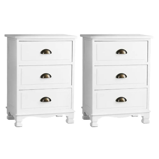 2x Bedside Table 3 Drawers Vintage - Thyme White
