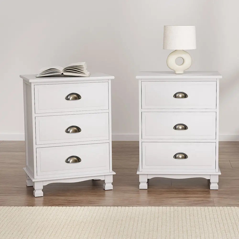 2x Bedside Table 3 Drawers Vintage - Thyme White