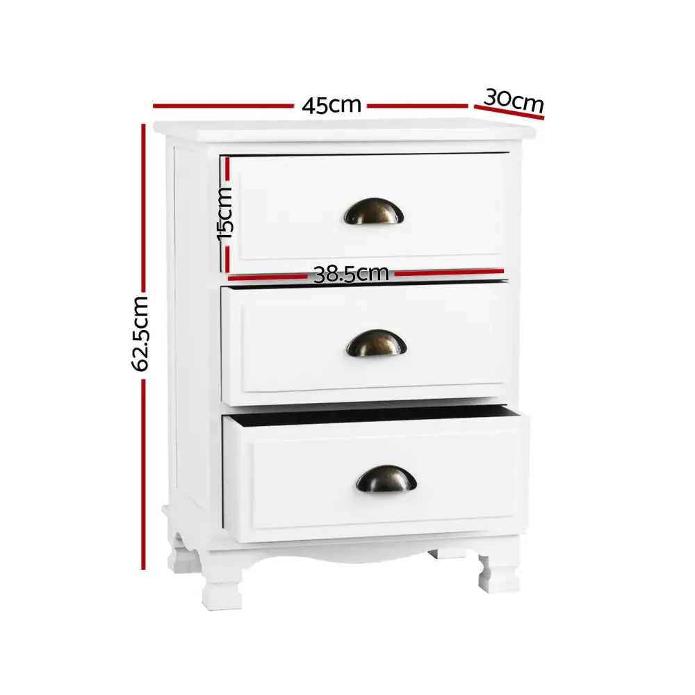 2x Bedside Table 3 Drawers Vintage - Thyme White