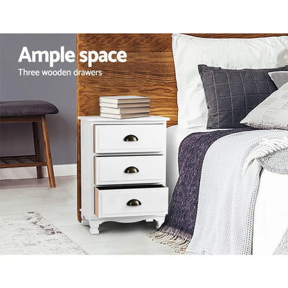 2x Bedside Table 3 Drawers Vintage - Thyme White