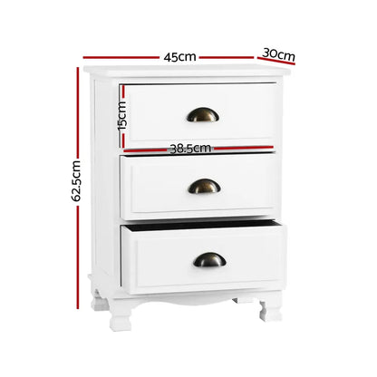 2x Bedside Table 3 Drawers Vintage - Thyme White