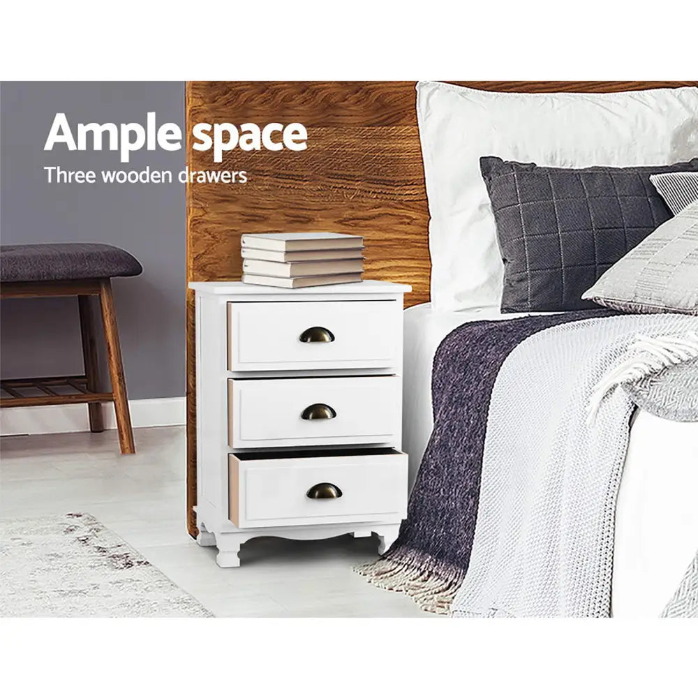 2x Bedside Table 3 Drawers Vintage - Thyme White