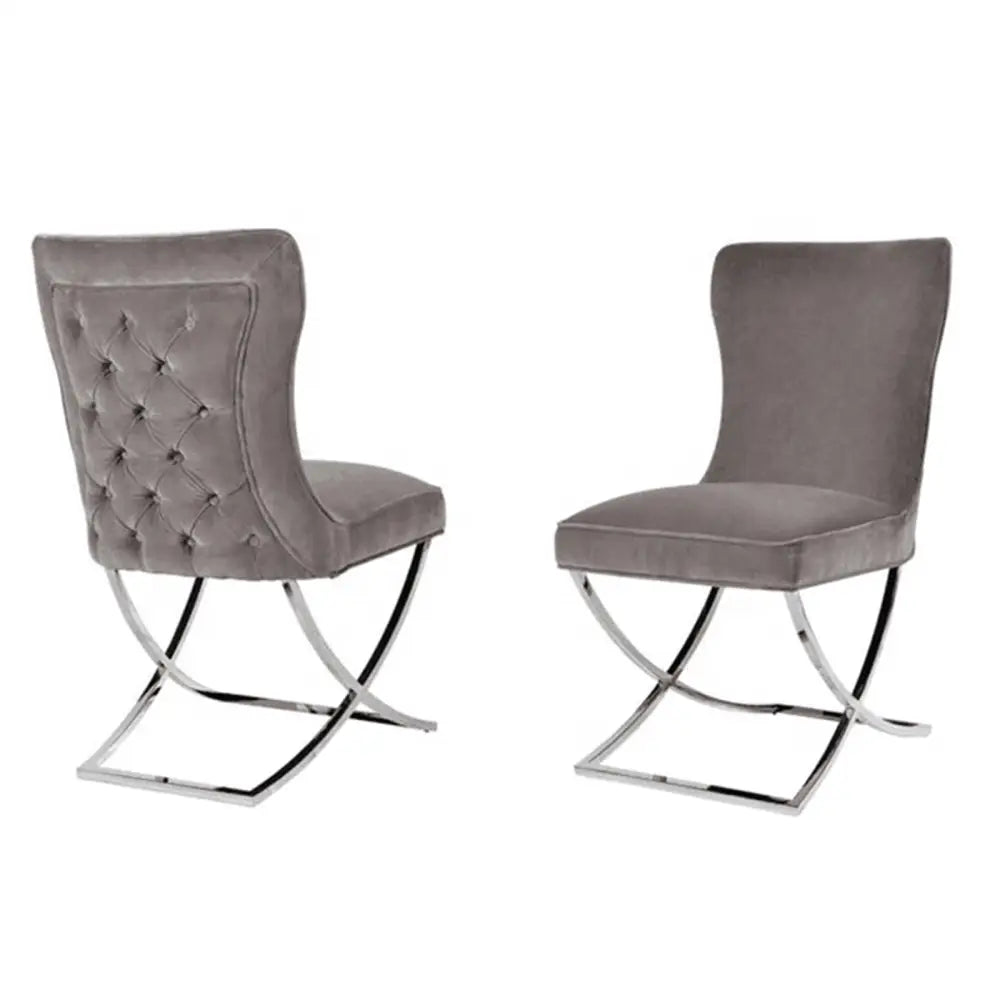 2x Dining Chairs Grey Fabric Upholstery Quilting Silver Color Legs