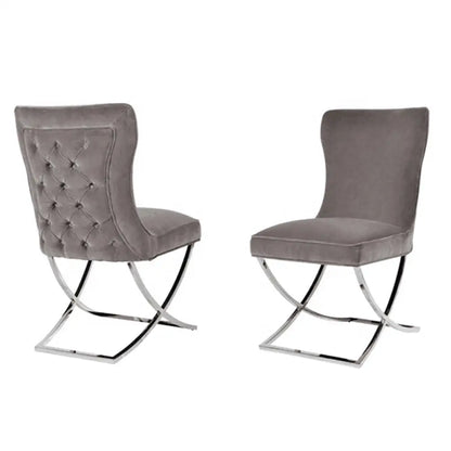 2x Dining Chairs Grey Fabric Upholstery Quilting Silver Color Legs