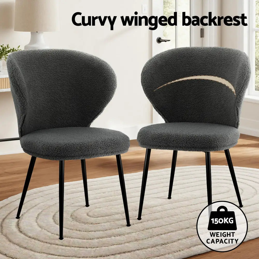 2x Dining Chairs Sherpa Boucle Wing Back Grey