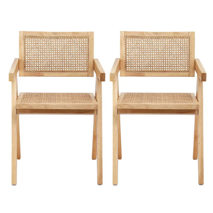 2x Dining Chairs Wooden Rattan Seat Rubber Wood Frame