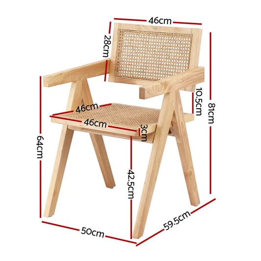 2x Dining Chairs Wooden Rattan Seat Rubber Wood Frame