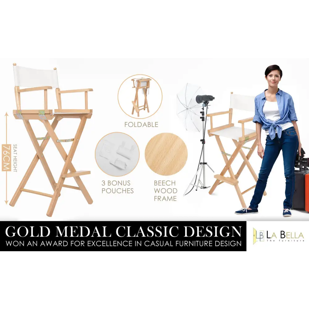 2x Director Movie Folding Tall Chair 76cm Beech Wood Humor