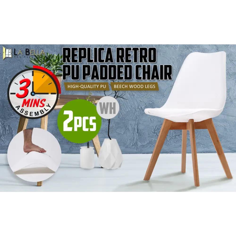 2x Retro Dining Cafe Chair Padded Seat White