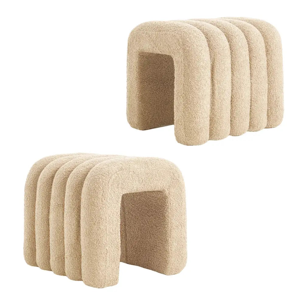 2x Ridge Arch Ottoman Stool Teddy Fleece Fabric Foot Rest 45cm Beige
