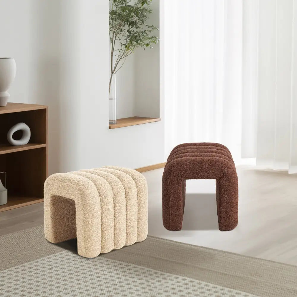 2x Ridge Arch Ottoman Stool Teddy Fleece Fabric Foot Rest 45cm Brown