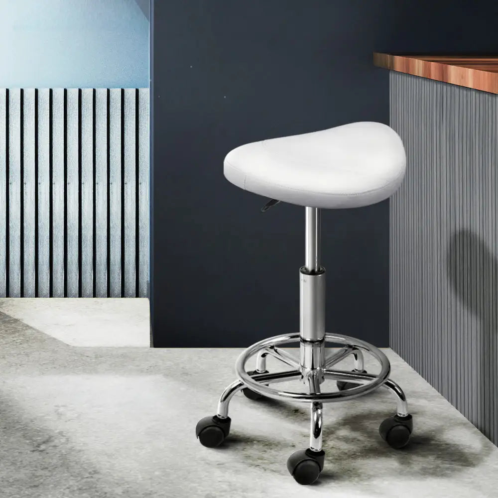 2x Salon Stool Saddle Swivel Chair White