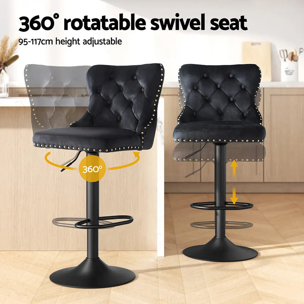 2x Velvet Bar Stool Adjustable Height Nailhead Trim Kitchen Counter