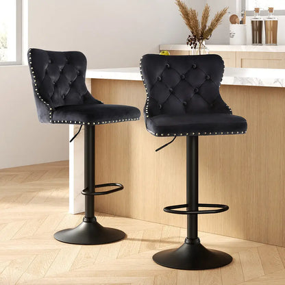 2x Velvet Bar Stool Adjustable Height Nailhead Trim Kitchen Counter