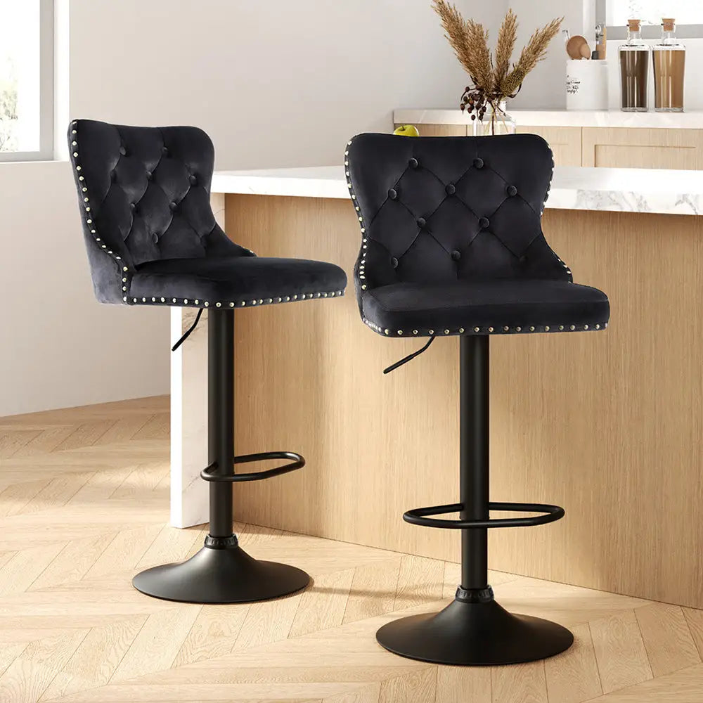 2x Velvet Bar Stool Adjustable Height Nailhead Trim Kitchen Counter