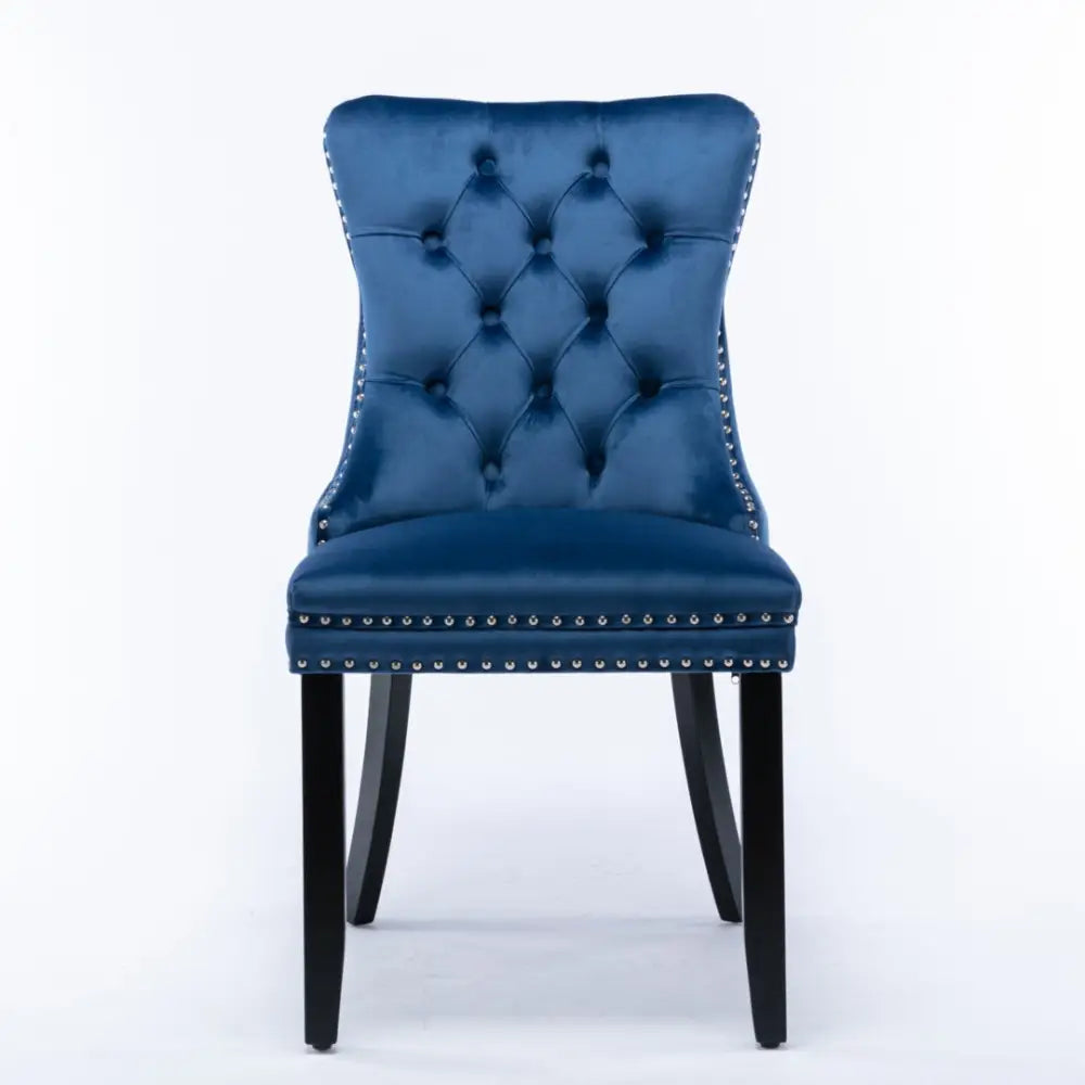 2x Velvet Dining Chairs Upholstered Tufted Kithcen Chair with Solid Wood Legs Stud Trim and Ring-blue
