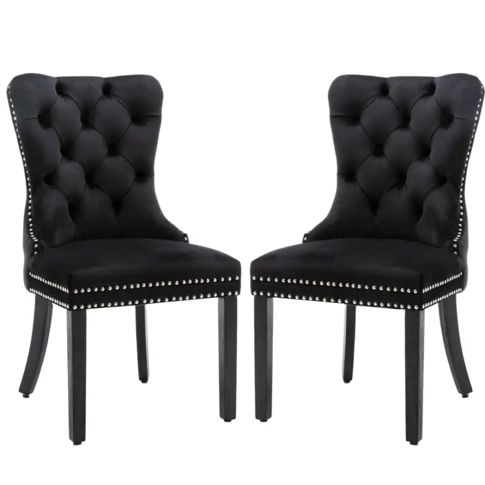 2x Velvet Dining Chairs Upholstered Tufted Kithcen Chair with Solid Wood Legs Stud Trim and Ring-black