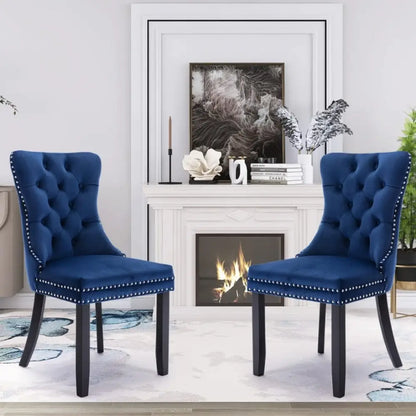 2x Velvet Dining Chairs Upholstered Tufted Kithcen Chair with Solid Wood Legs Stud Trim and Ring-blue