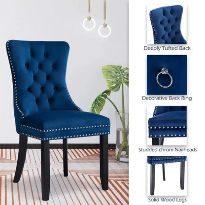 2x Velvet Dining Chairs Upholstered Tufted Kithcen Chair with Solid Wood Legs Stud Trim and Ring-blue
