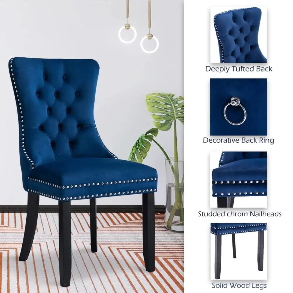 2x Velvet Dining Chairs Upholstered Tufted Kithcen Chair with Solid Wood Legs Stud Trim and Ring-blue