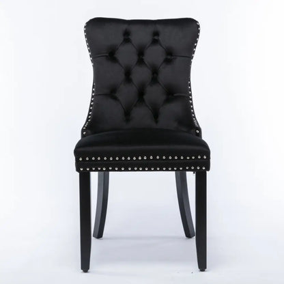 2x Velvet Dining Chairs Upholstered Tufted Kithcen Chair with Solid Wood Legs Stud Trim and Ring-black