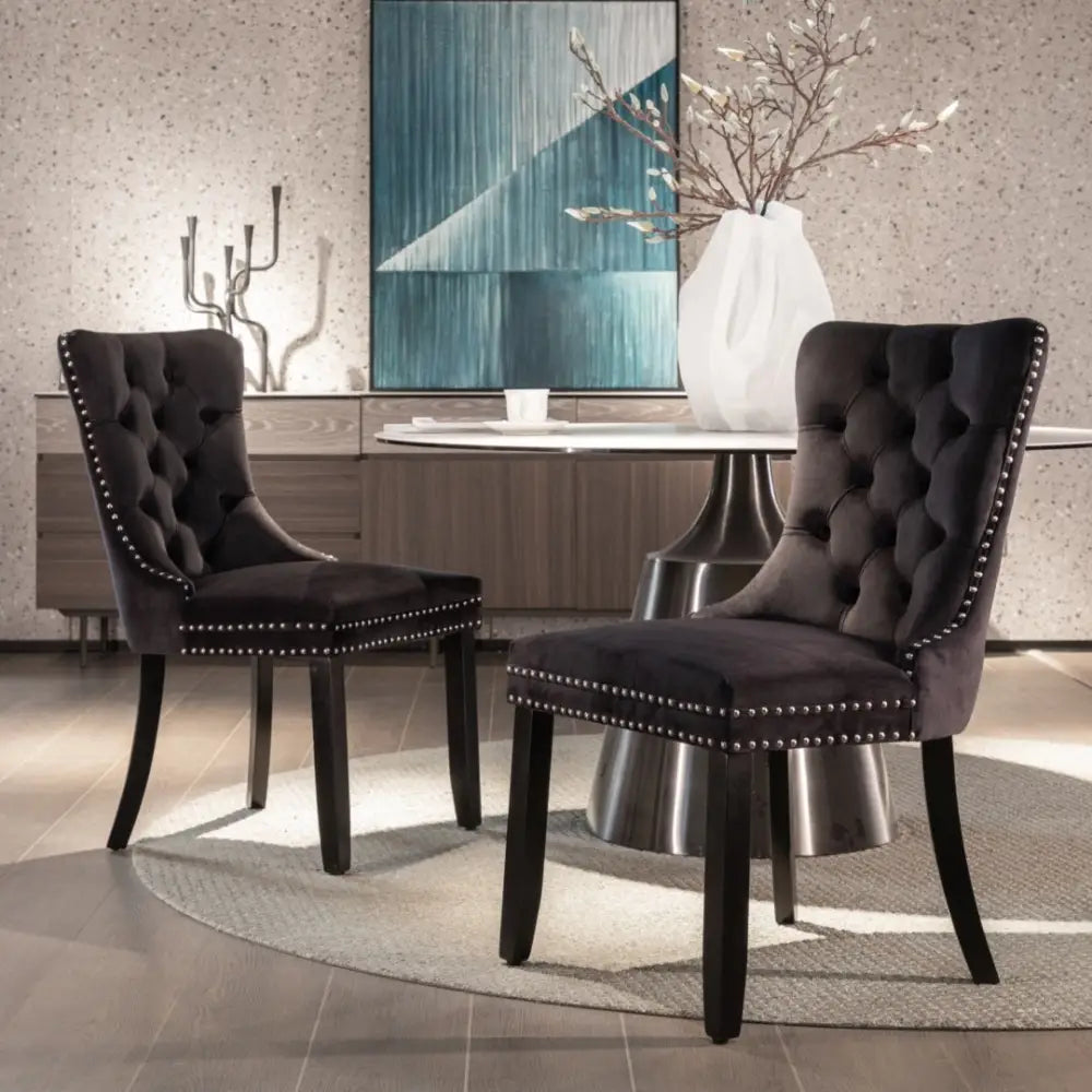 2x Velvet Dining Chairs Upholstered Tufted Kithcen Chair with Solid Wood Legs Stud Trim and Ring-black