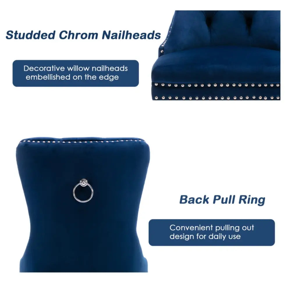 2x Velvet Dining Chairs Upholstered Tufted Kithcen Chair with Solid Wood Legs Stud Trim and Ring-blue