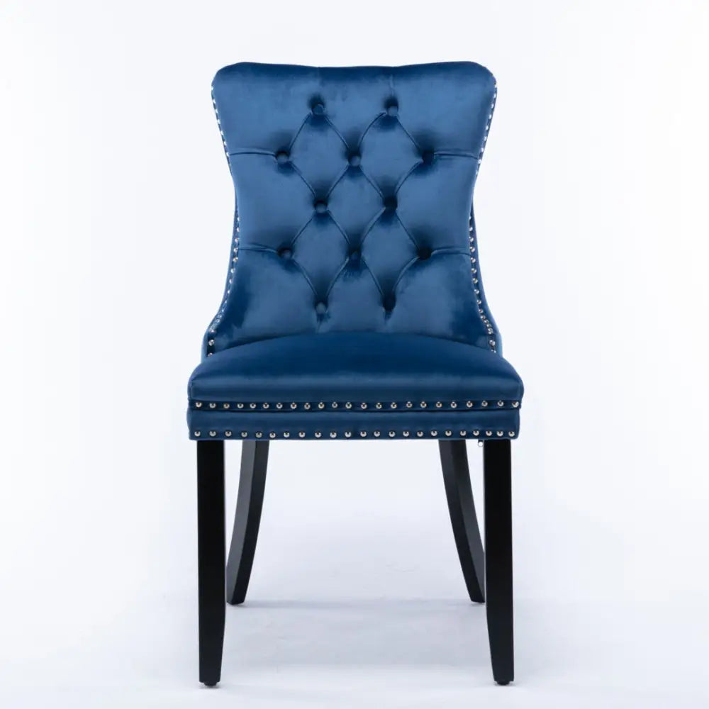 2x Velvet Dining Chairs Upholstered Tufted Kithcen Chair with Solid Wood Legs Stud Trim and Ring-blue
