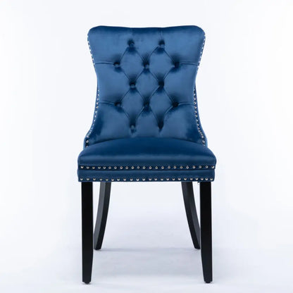 2x Velvet Dining Chairs Upholstered Tufted Kithcen Chair with Solid Wood Legs Stud Trim and Ring-blue