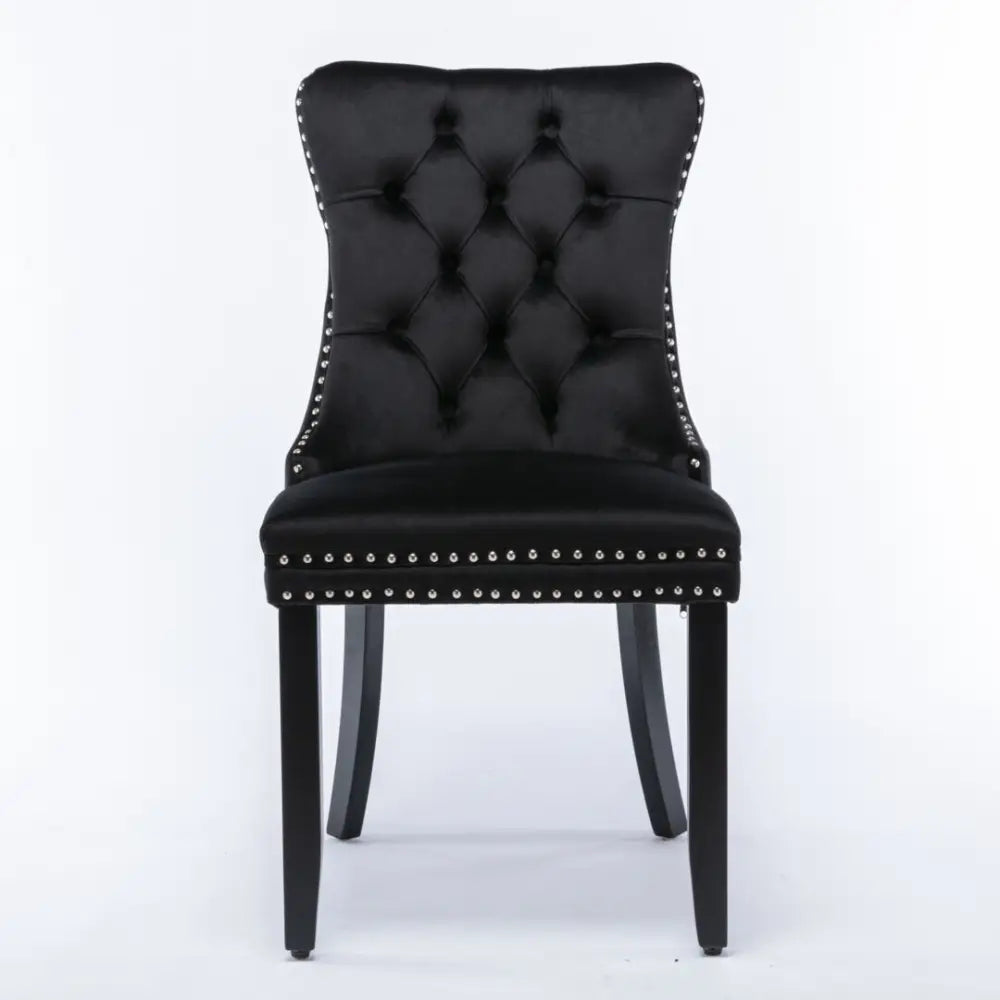 2x Velvet Dining Chairs Upholstered Tufted Kithcen Chair with Solid Wood Legs Stud Trim and Ring-black