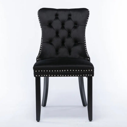 2x Velvet Dining Chairs Upholstered Tufted Kithcen Chair with Solid Wood Legs Stud Trim and Ring-black