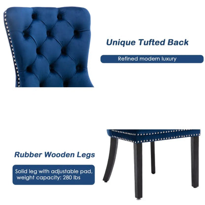 2x Velvet Dining Chairs Upholstered Tufted Kithcen Chair with Solid Wood Legs Stud Trim and Ring-blue
