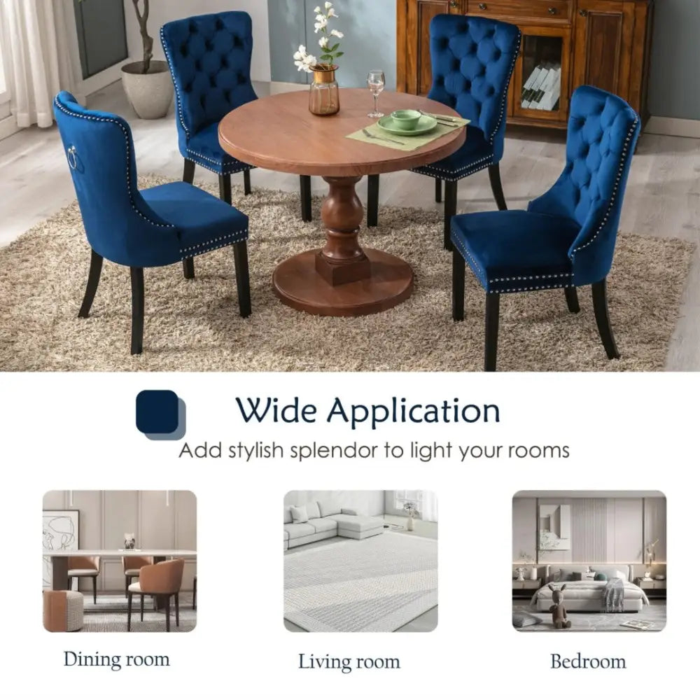2x Velvet Dining Chairs Upholstered Tufted Kithcen Chair with Solid Wood Legs Stud Trim and Ring-blue