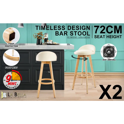2x Wood Bar Stool Dining Chair Fabric Leila 72cm Beige