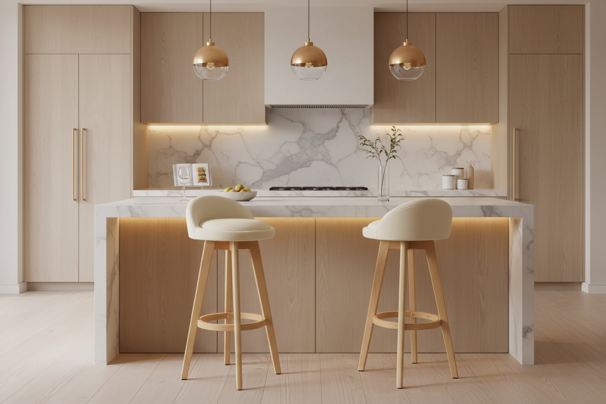 A modern kitchen island with a white marble countertop and backsplash, light wood cabinetry, two white bar stools with light wood legs, and three hanging pendant lights.