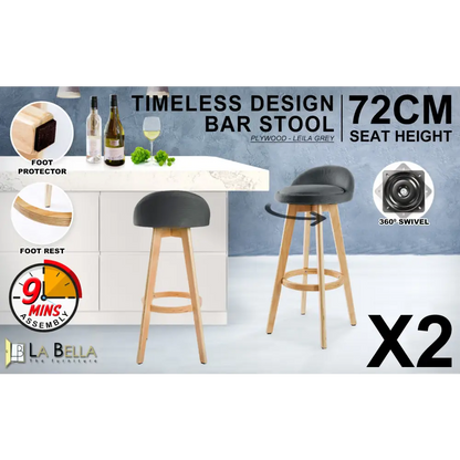 2x Wooden Bar Stool Dining Chair Fabric Leila 72cm Grey
