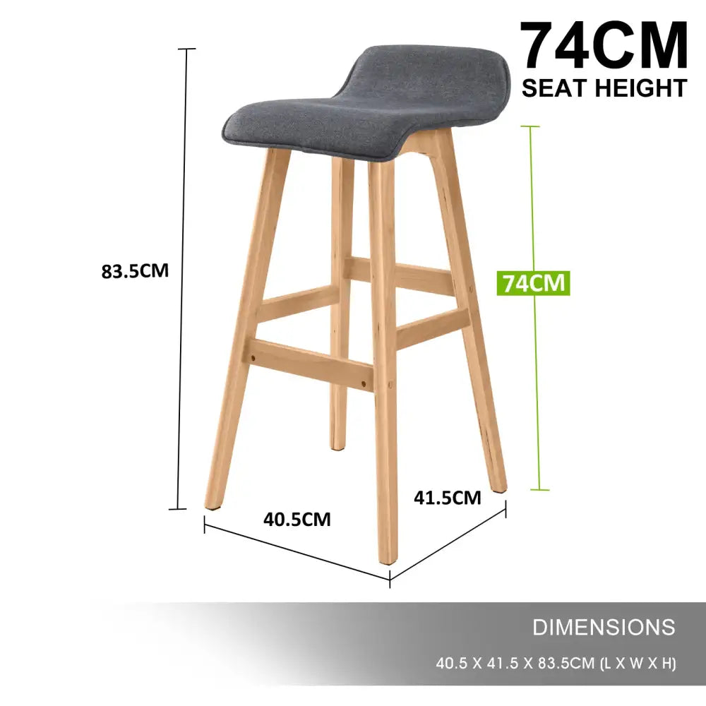 2x Wooden Bar Stool Dining Chair Fabric Sophia 74cm Grey