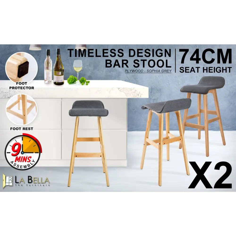 2x Wooden Bar Stool Dining Chair Fabric Sophia 74cm Grey