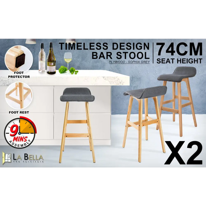 2x Wooden Bar Stool Dining Chair Fabric Sophia 74cm Grey