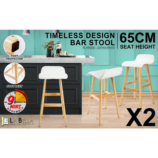 2x Wooden Bar Stool Dining Chair Leather Sophia 65cm White